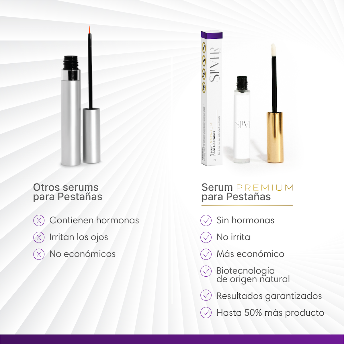 El Suero Alargador y para Crecimiento de Pestañas de SilverLash está elaborado con ingredientes naturales. Fortalece, nutre y ayuda al crecimiento de tus pestañas. No contiene hormonas. Contiene más producto.