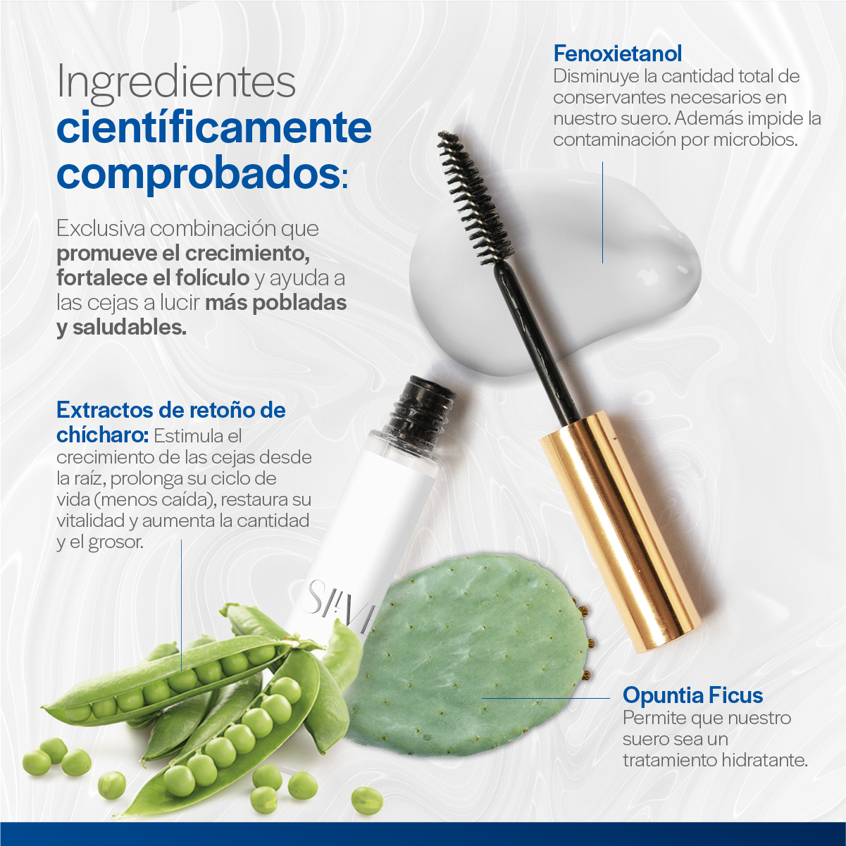 Ingredientes comprobados científicamente. Con extracto de chícharo que promueve el crecimiento. Cejas más pobladas y saludables con el Suero para Crecimiento de Cejas de SilverLash