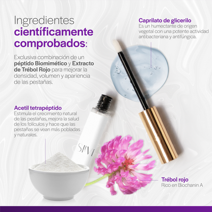 Ingredientes comprobados científicamente. Con extracto de trébol rojo para mejorar la densidad, volumen y apariencia de las pestañas. Pestañas más pobladas y saludables con el Suero para Pestañas de SilverLash.